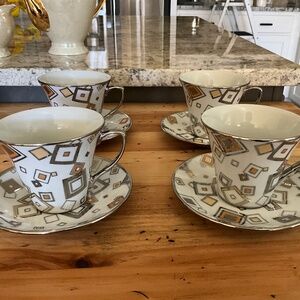 Porcelain Demitasse Cup Set - Geometric Patterned, Silver Trim
